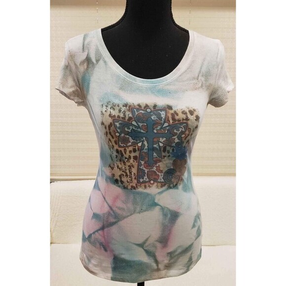 Women Top Size Small White Tye Dye Cross Graphic Tee T-Shirt Religious - Picture 1 of 7